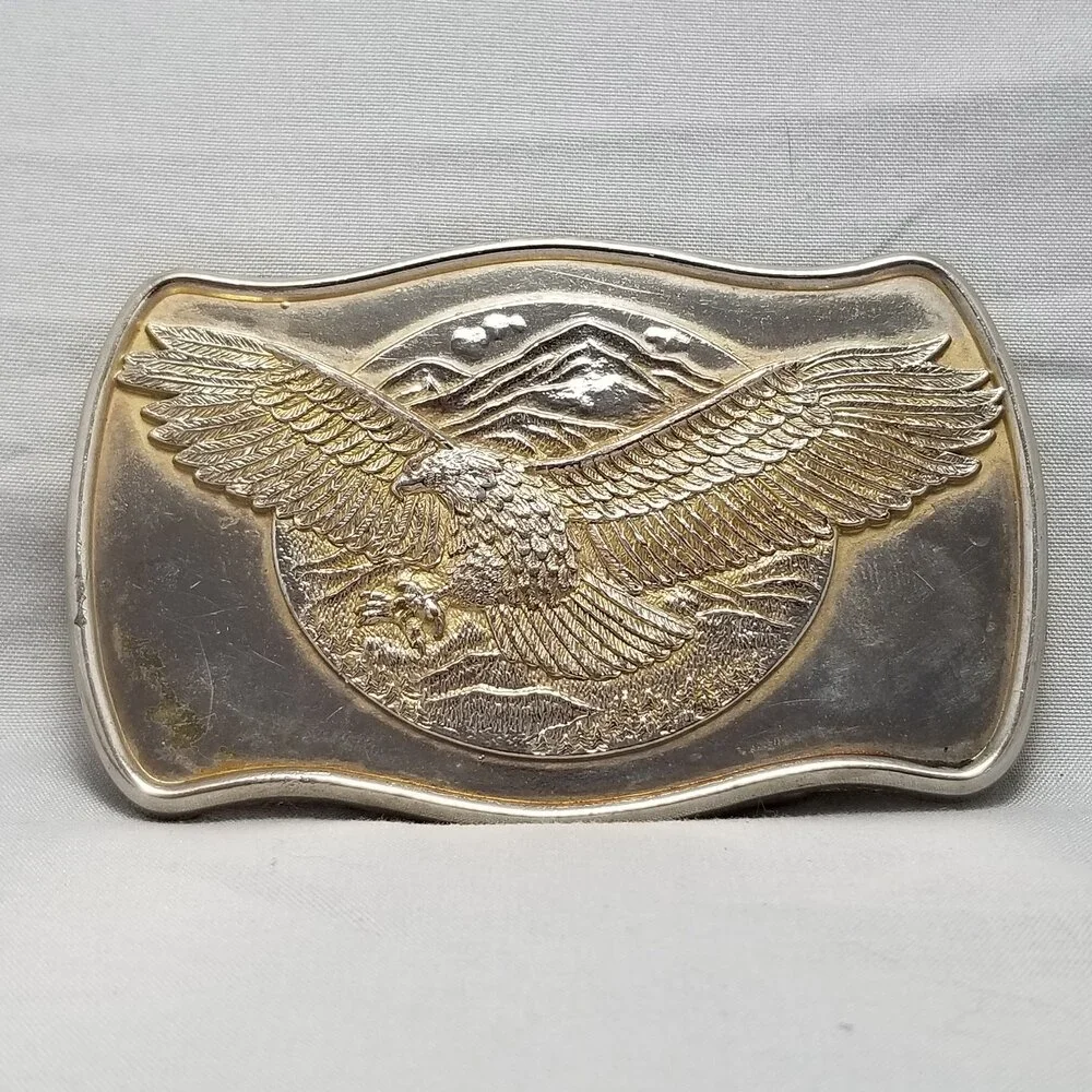 Vintage Eagle Belt‎ Buckle Silver Tone Gold Wings Western Cowboy Biker Accessory